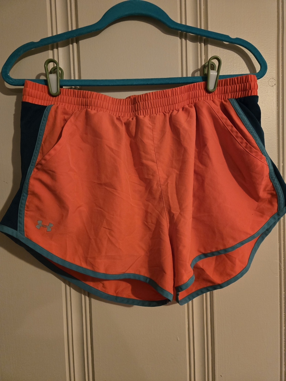 Under Armour Women’s Coral Athletic Shorts with Teal Trim and Navy Side Panels
